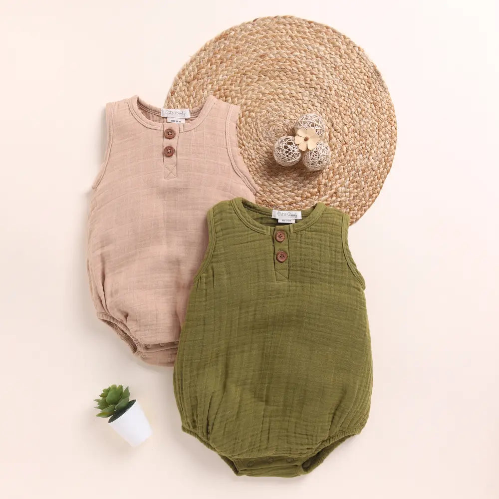 Cot &amp; Candy Baby Organic Muslin Bubble Romper Pack Of 2-Latte + Olive