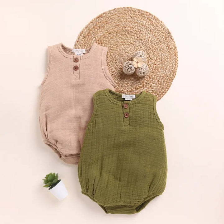 Cot &amp; Candy Baby Organic Muslin Bubble Romper Pack Of 2-Latte + Olive