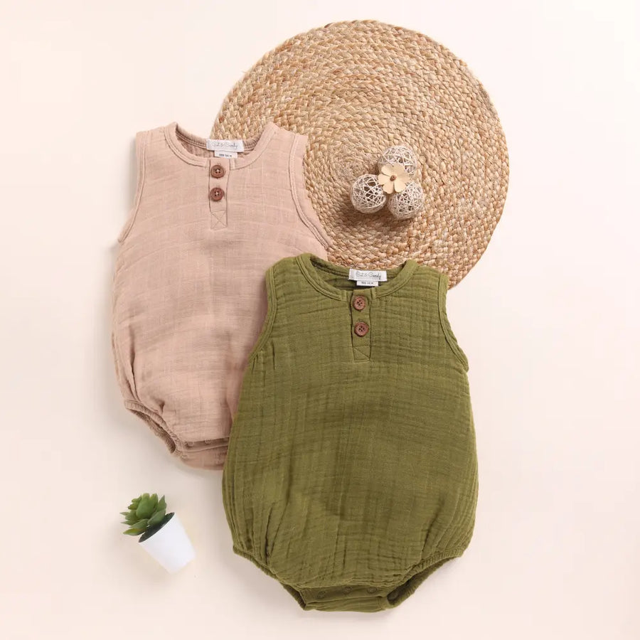 Cot & Candy Baby Organic Muslin Bubble Romper Pack Of 2-Latte + Olive