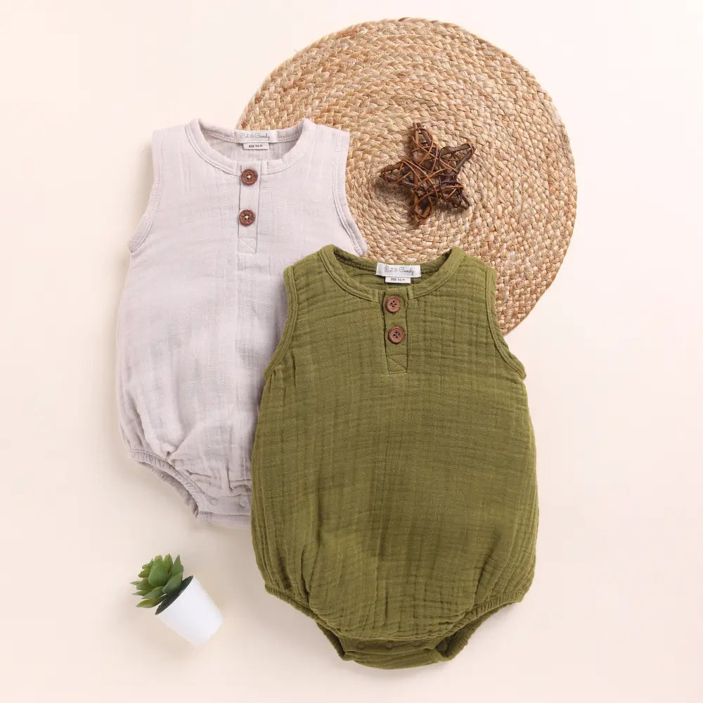 Cot &amp; Candy Baby Organic Muslin Bubble Romper Pack Of 2-Oatmeal + Olive