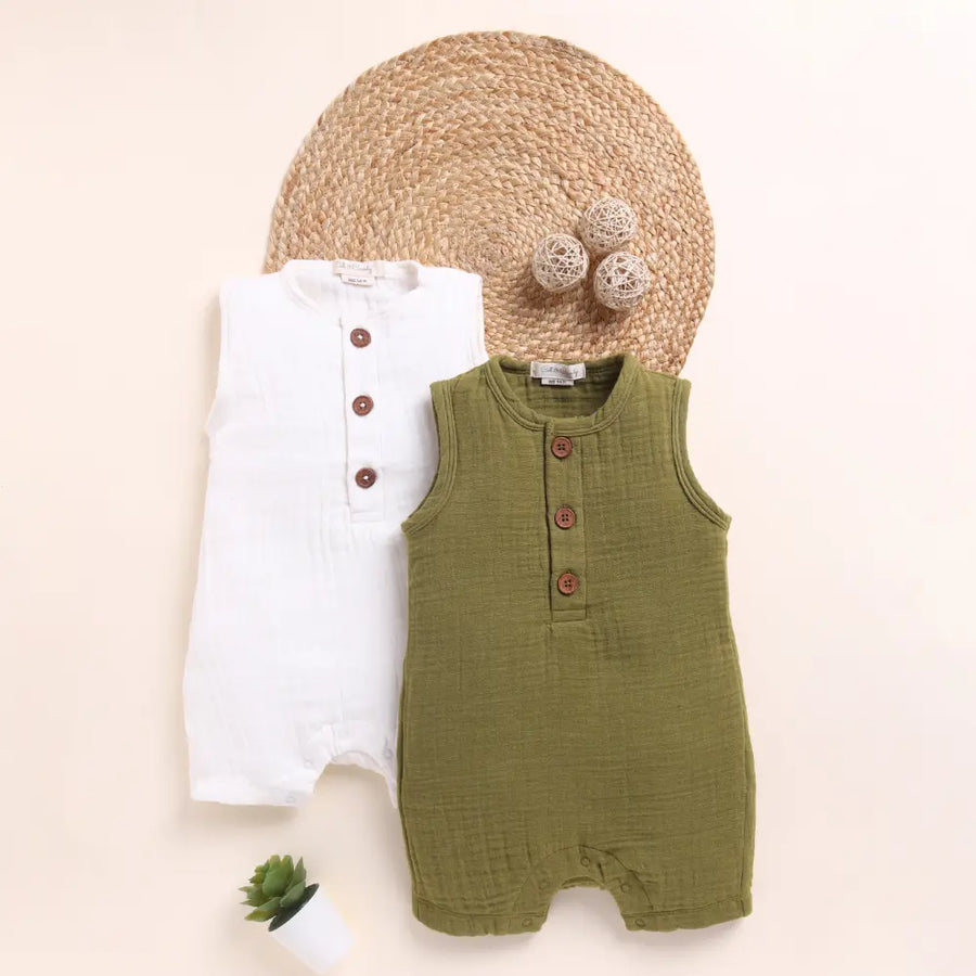 Cot & Candy Baby Organic Muslin Half Romper Pack Of 2-White + Olive