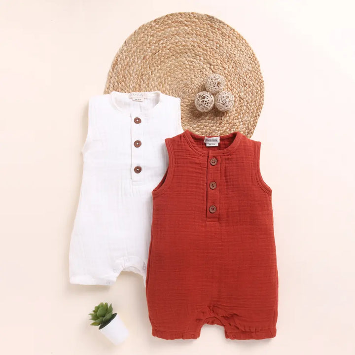Cot &amp; Candy Baby Organic Muslin Half Romper Pack Of 2-White + Picante