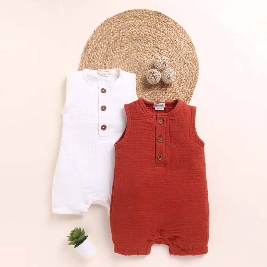 Cot & Candy Baby Organic Muslin Half Romper Pack Of 2-White + Picante