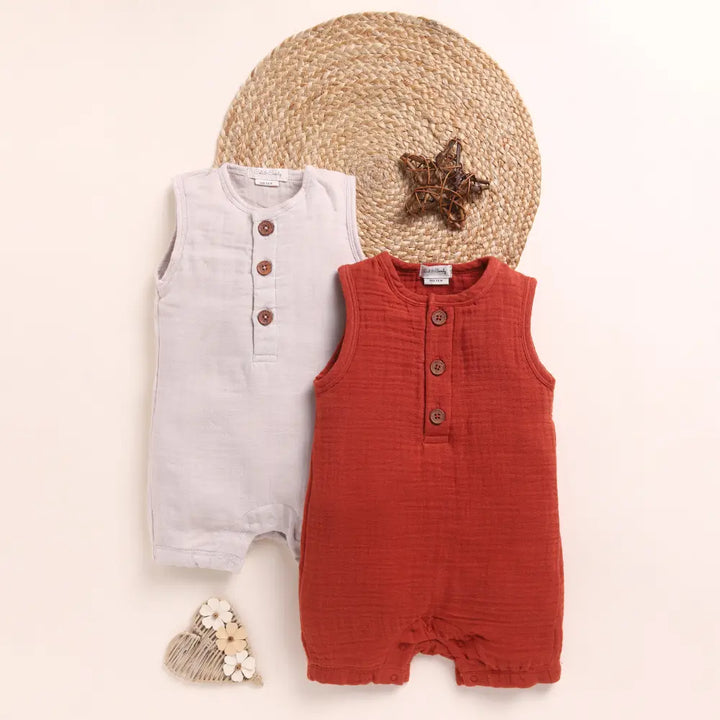 Cot &amp; Candy Baby Organic Muslin Half Romper Pack Of 2-Oatmeal + Picante