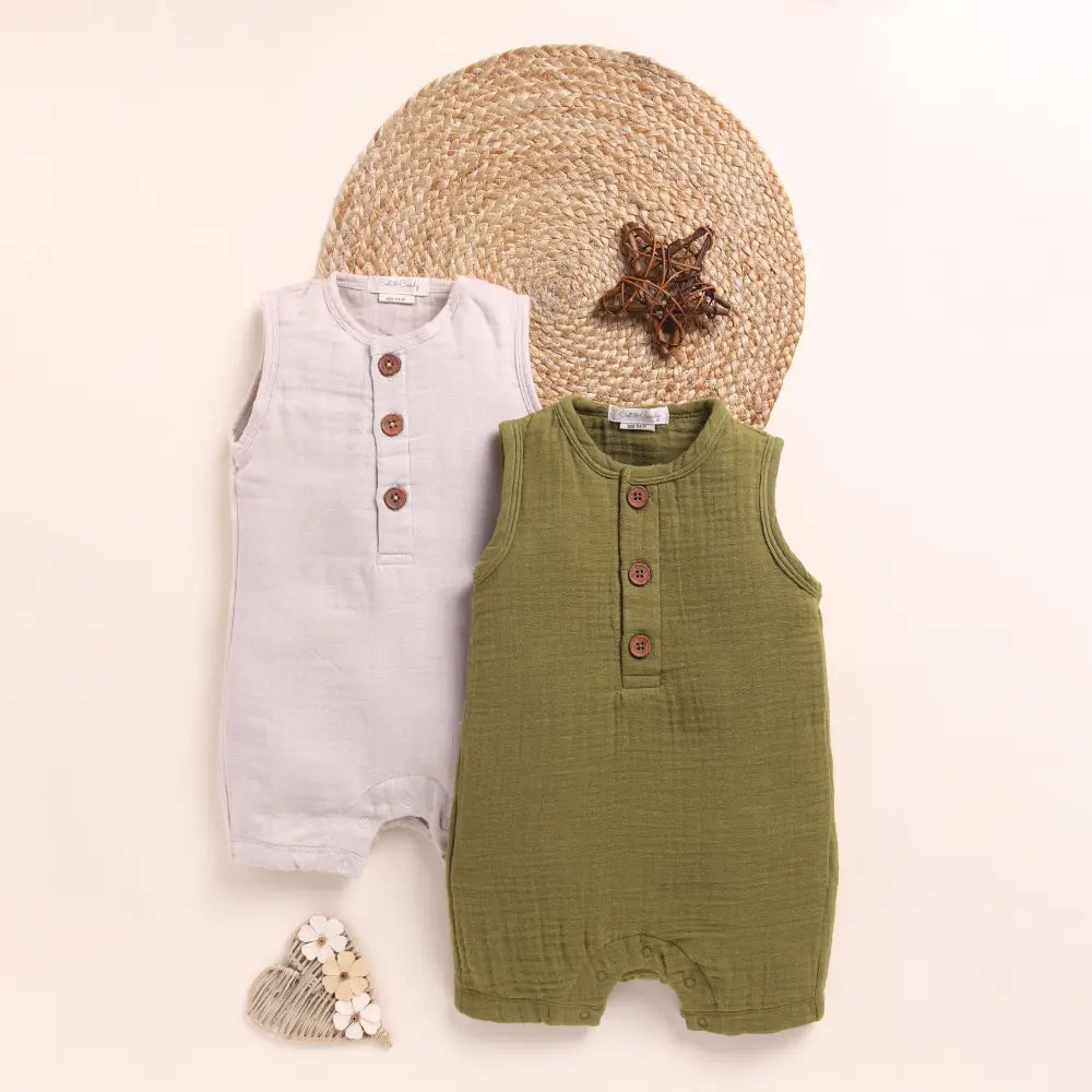 Cot &amp; Candy Baby Organic Muslin Half Romper Pack Of 2-Oatmeal + Olive