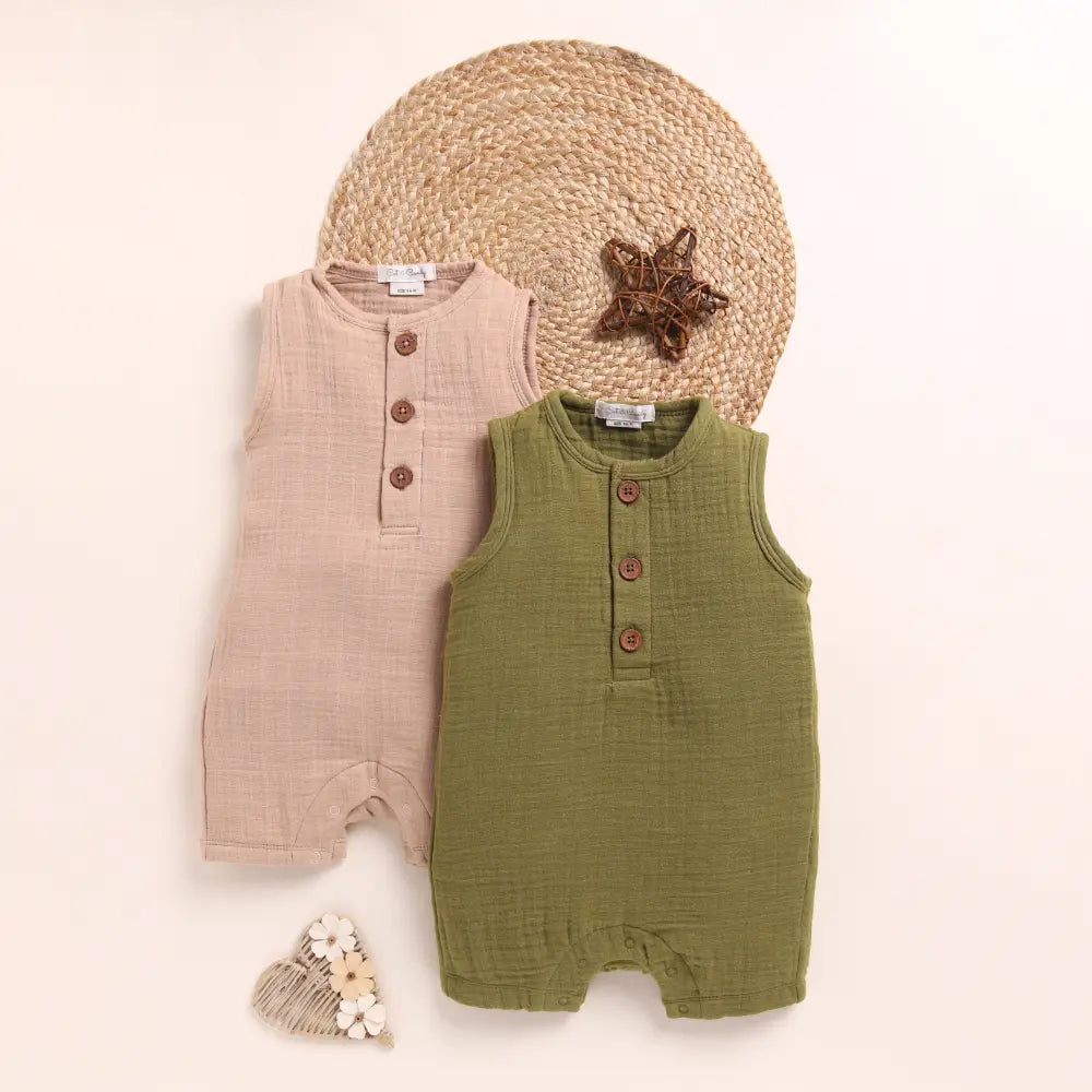 Cot &amp; Candy Baby Organic Muslin Half Romper Pack Of 2-Latte + Olive