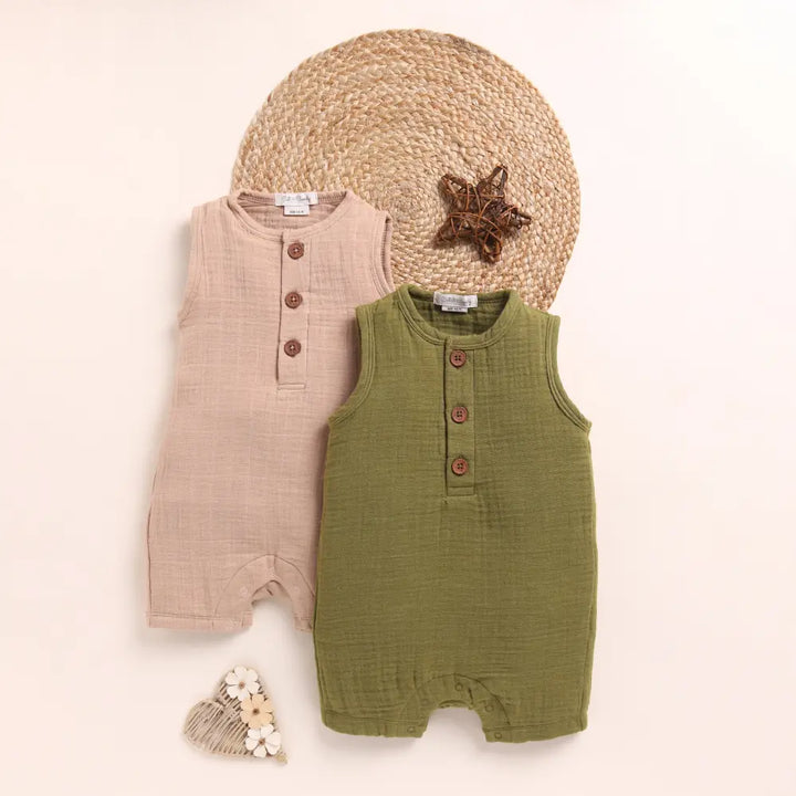 Cot &amp; Candy Baby Organic Muslin Half Romper Pack Of 2-Latte + Olive