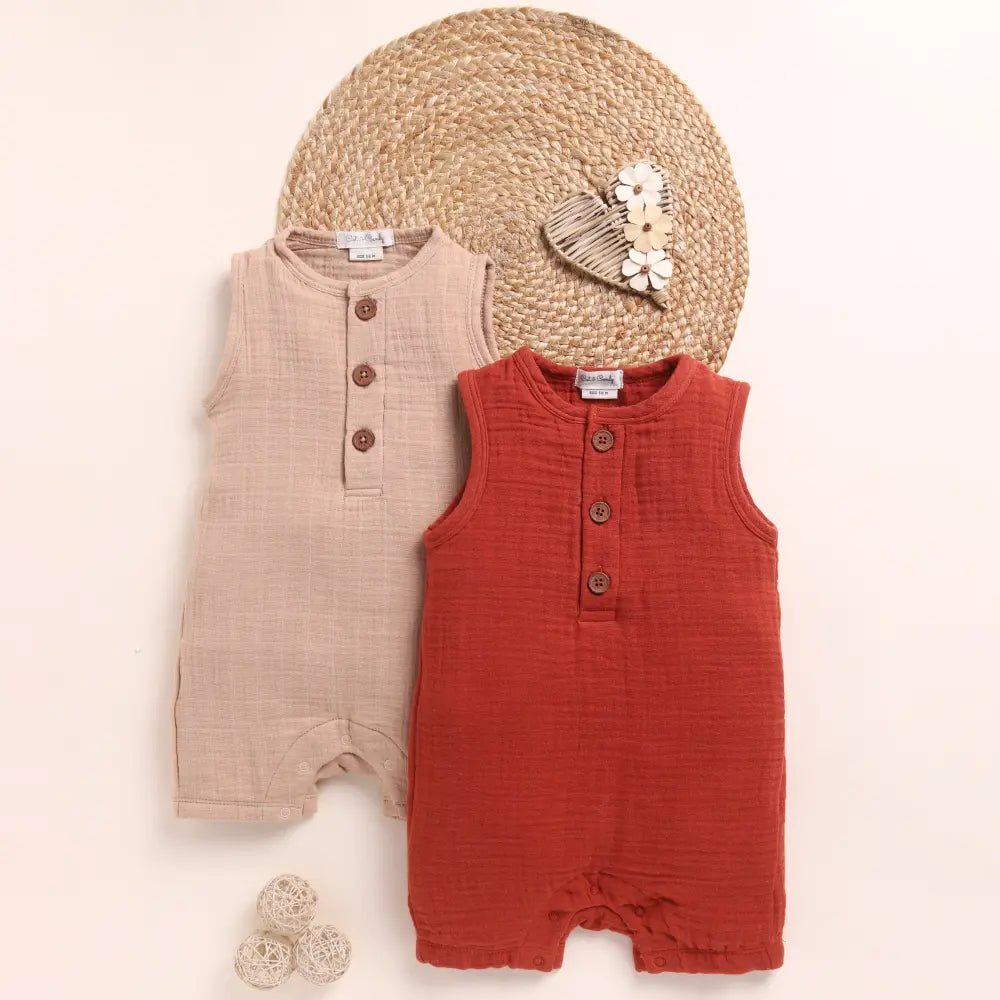 Cot &amp; Candy Baby Organic Muslin Half Romper Pack Of 2-Latte + Picante