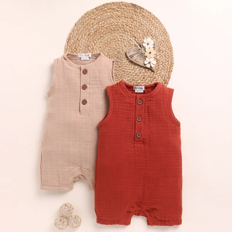 Cot & Candy Baby Organic Muslin Half Romper Pack Of 2-Latte + Picante