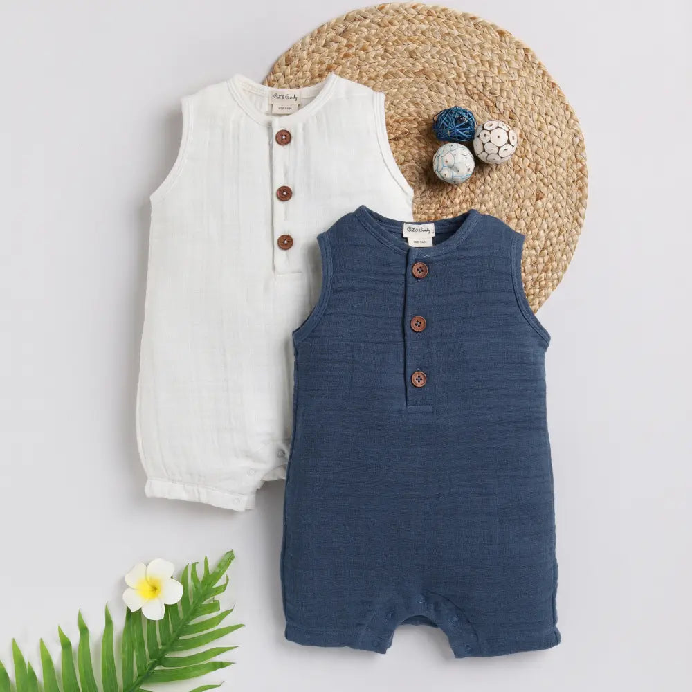 Cot &amp; Candy Baby Organic Muslin Half Romper Pack Of 2-Milk + Navy