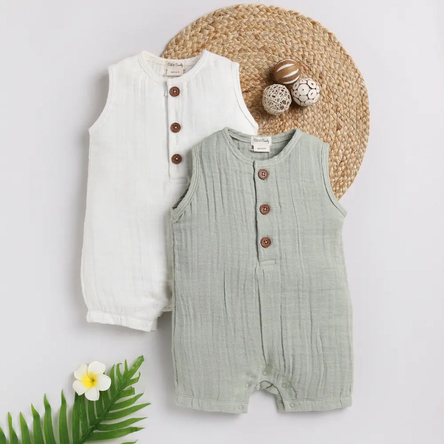 Cot & Candy Baby Organic Muslin Half Romper Pack Of 2-Milk + Sage