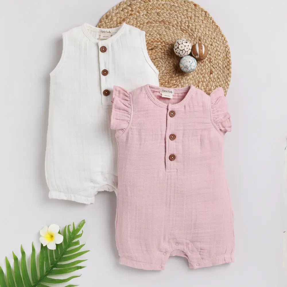 Cot &amp; Candy Baby Organic Muslin Half Romper Pack Of 2-Milk + Pink Blush