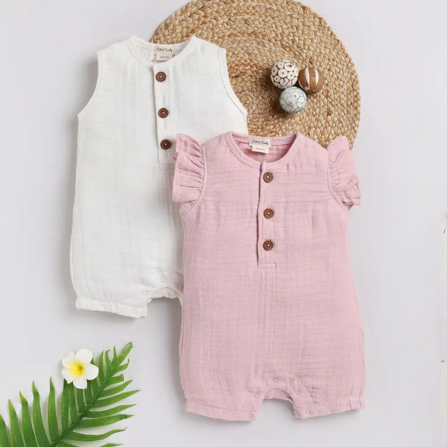 Cot & Candy Baby Organic Muslin Half Romper Pack Of 2-Milk + Pink Blush