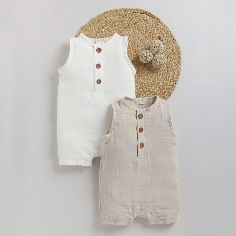 Cot &amp; Candy Baby Organic Muslin Half Romper Pack Of 2-Milk + Oatmeal