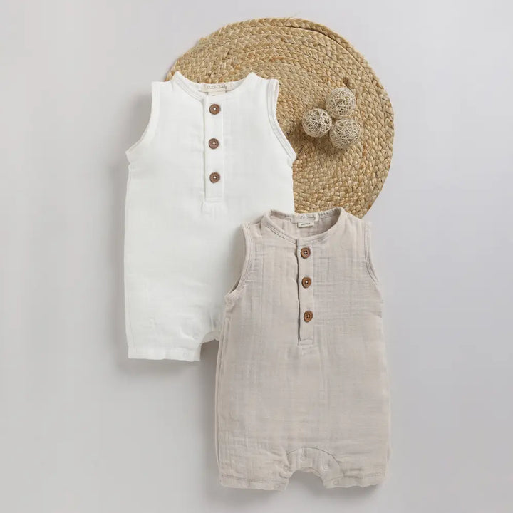 Cot &amp; Candy Baby Organic Muslin Half Romper Pack Of 2-Milk + Oatmeal