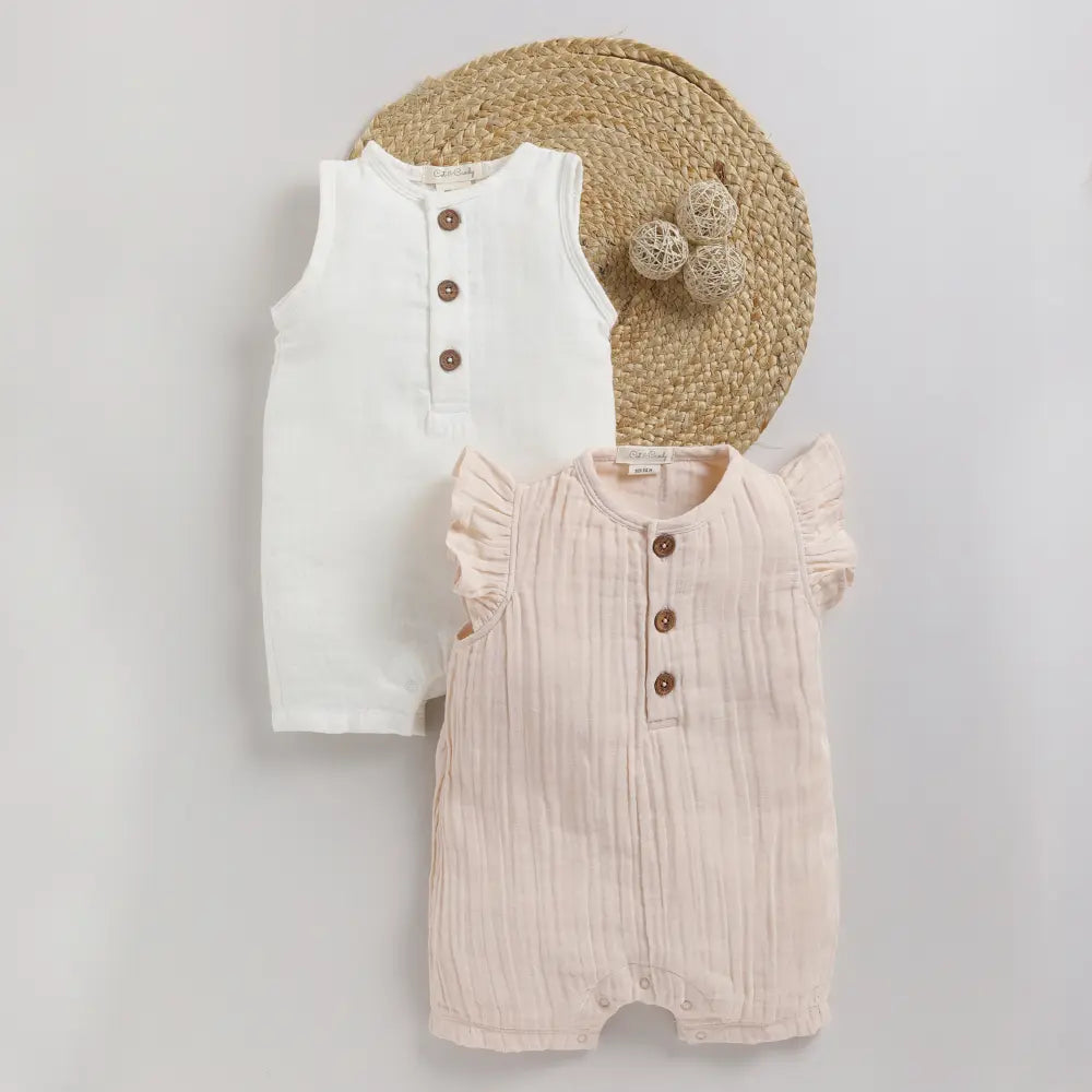Cot &amp; Candy Baby Organic Muslin Half Romper Pack Of 2-Milk + Petal Pink