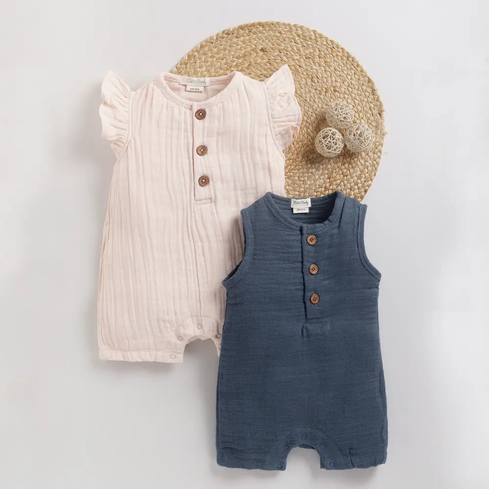 Cot &amp; Candy Baby Organic Muslin Half Romper Pack Of 2-Navy + Petal Pink