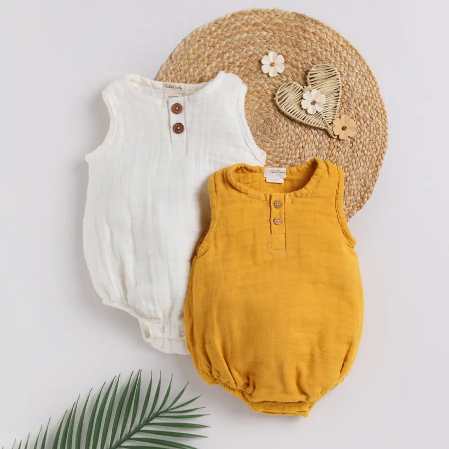 Cot & Candy Baby Organic Muslin Bubble Romper Pack Of 2-White + Mustard