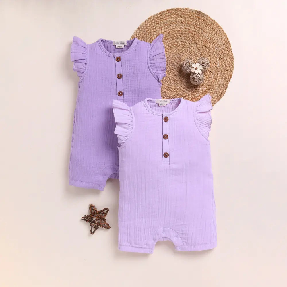 Cot &amp; Candy Baby Organic Muslin Half Romper Pack Of 2-Lilac + Lavender Haze