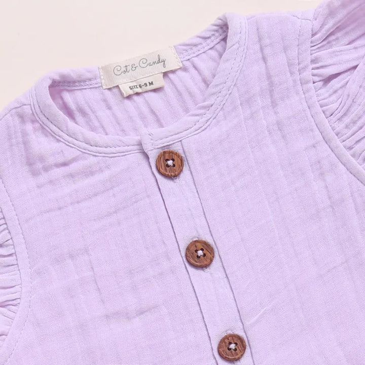 Cot &amp; Candy Baby Organic Muslin Half Romper Pack Of 2-Lilac + Lavender Haze