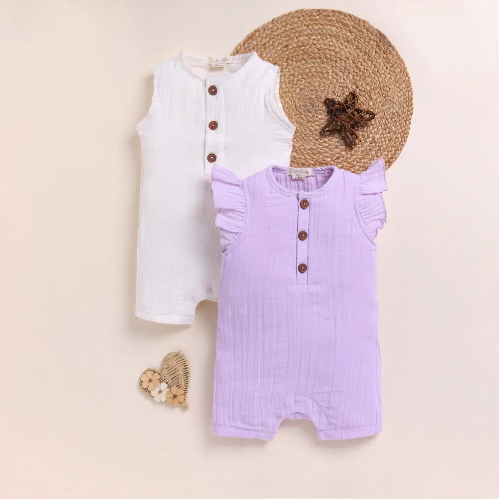 Cot &amp; Candy Baby Organic Muslin Half Romper Pack Of 2-Milk + Lilac