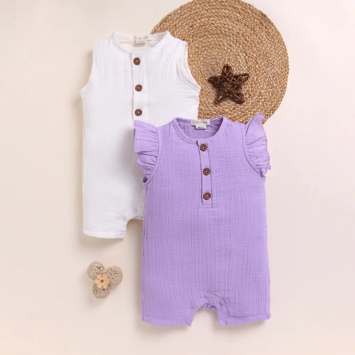 Cot &amp; Candy Baby Organic Muslin Half Romper Pack Of 2-Milk + Lavender Haze