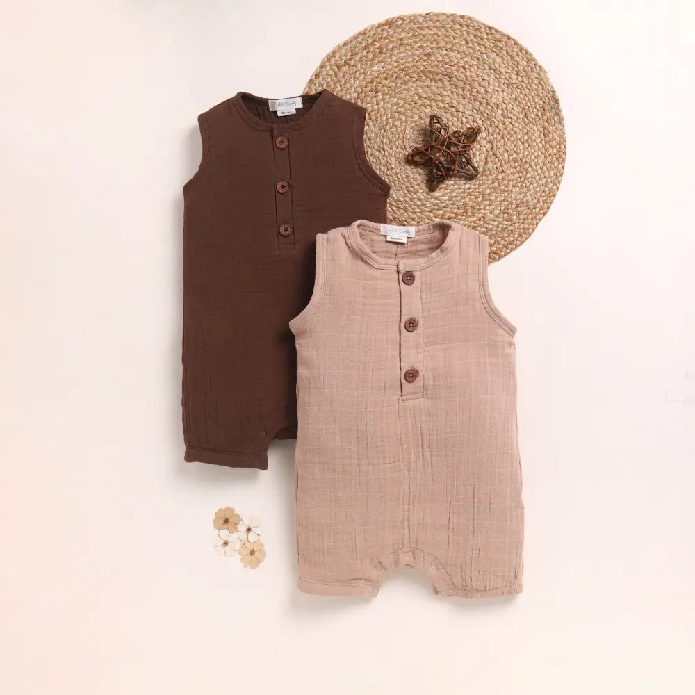 Cot &amp; Candy Baby Organic Muslin Half Romper Pack Of 2-Latte + Cocoa Whisper