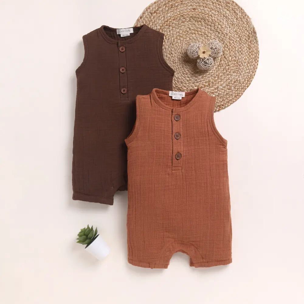 Cot &amp; Candy Baby Organic Muslin Half Romper Pack Of 2-Ginger + Cocoa Whisper