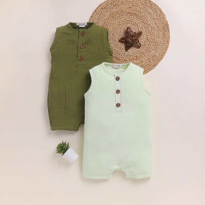 Cot &amp; Candy Baby Organic Muslin Half Romper Pack Of 2-Olive + Pistachio Cream