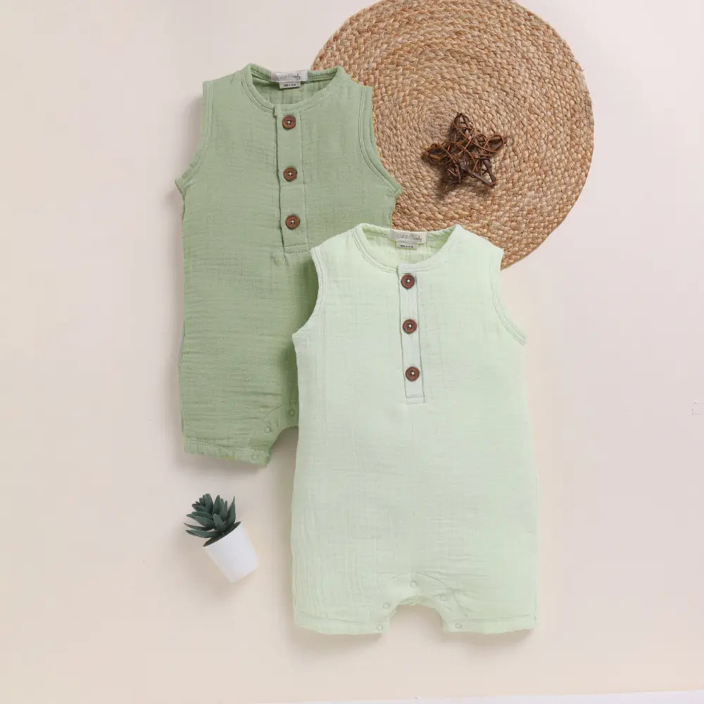 Cot &amp; Candy Baby Organic Muslin Half Romper Pack Of 2-Pistachio Cream + Sage