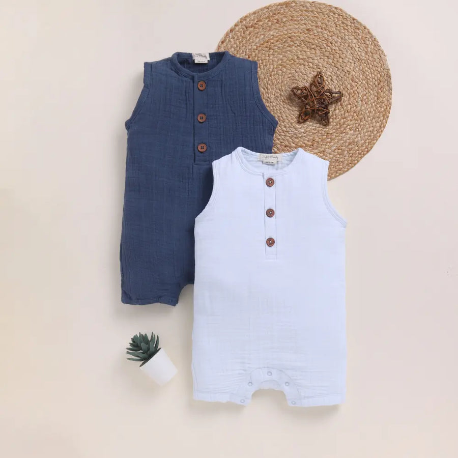 Cot & Candy Baby Organic Muslin Half Romper Pack Of 2-Navy + Icemelt