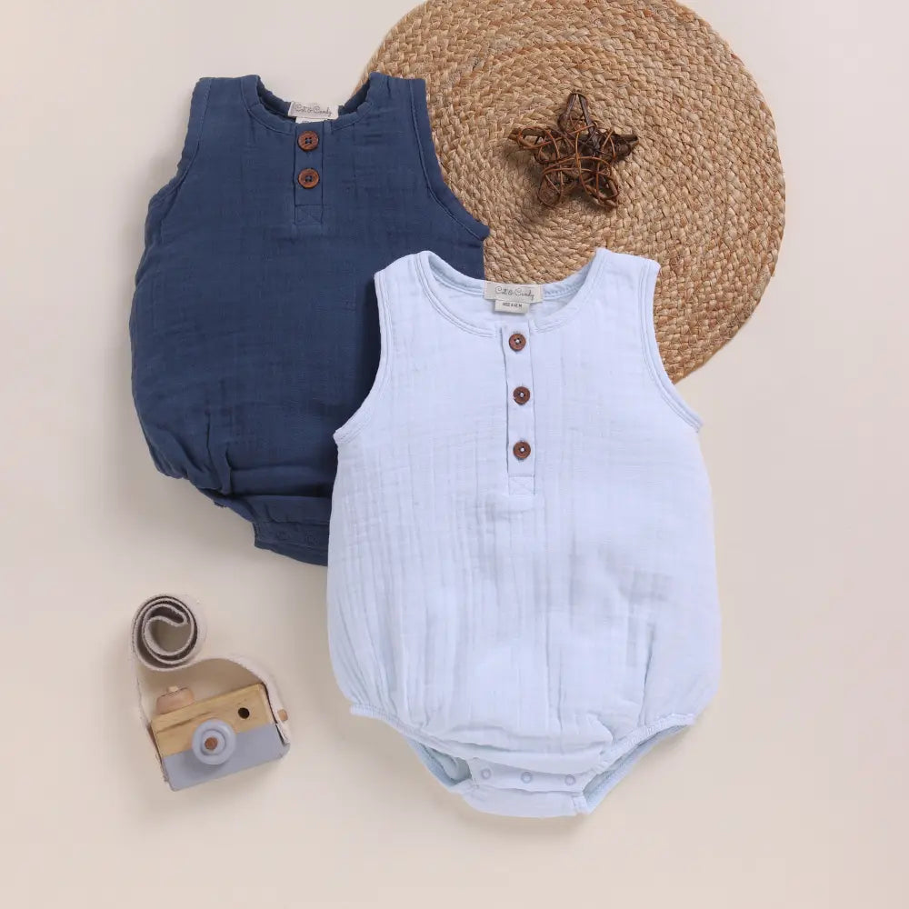 Cot &amp; Candy Baby Organic Muslin Bubble Romper Pack Of 2-Icemelt + Navy