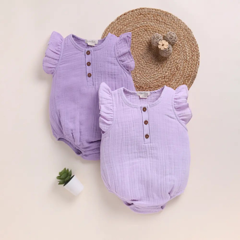 Cot &amp; Candy Baby Organic Muslin Bubble Romper Pack Of 2-Lilac + Lavender Haze