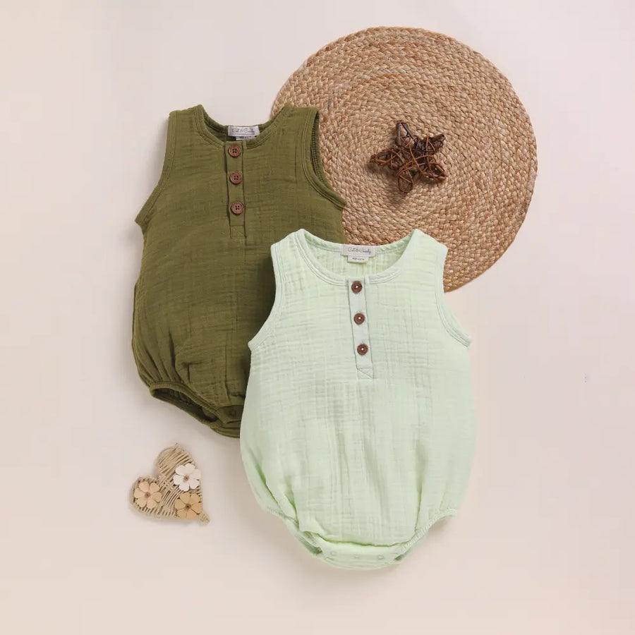 Cot & Candy Baby Organic Muslin Bubble Romper Pack Of 2-Olive + Pistachio Cream