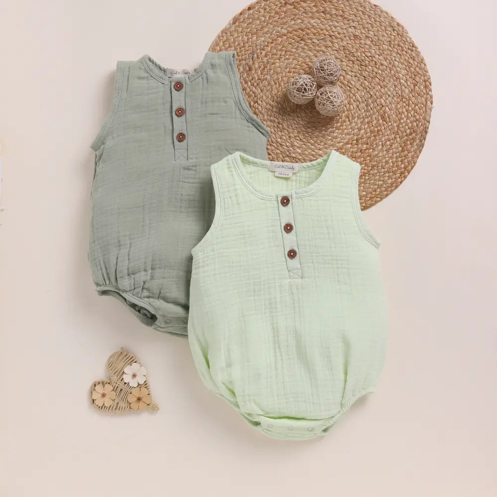 Cot &amp; Candy Baby Organic Muslin Bubble Romper Pack Of 2-Pistachio Cream + Sage