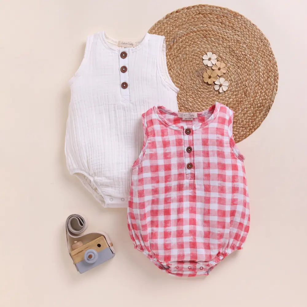 Cot &amp; Candy Baby Organic Muslin Bubble Romper Pack Of 2-Milk + Pink Check
