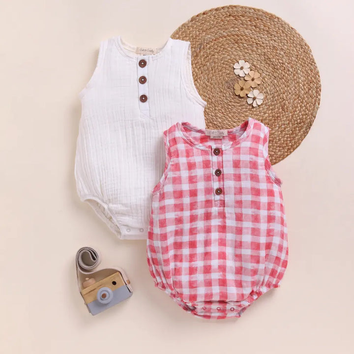 Cot &amp; Candy Baby Organic Muslin Bubble Romper Pack Of 2-Milk + Pink Check