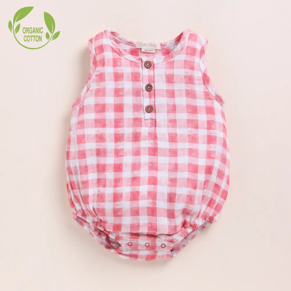 Cot &amp; Candy Baby Organic Muslin Bubble Romper Pack Of 2-Milk + Pink Check
