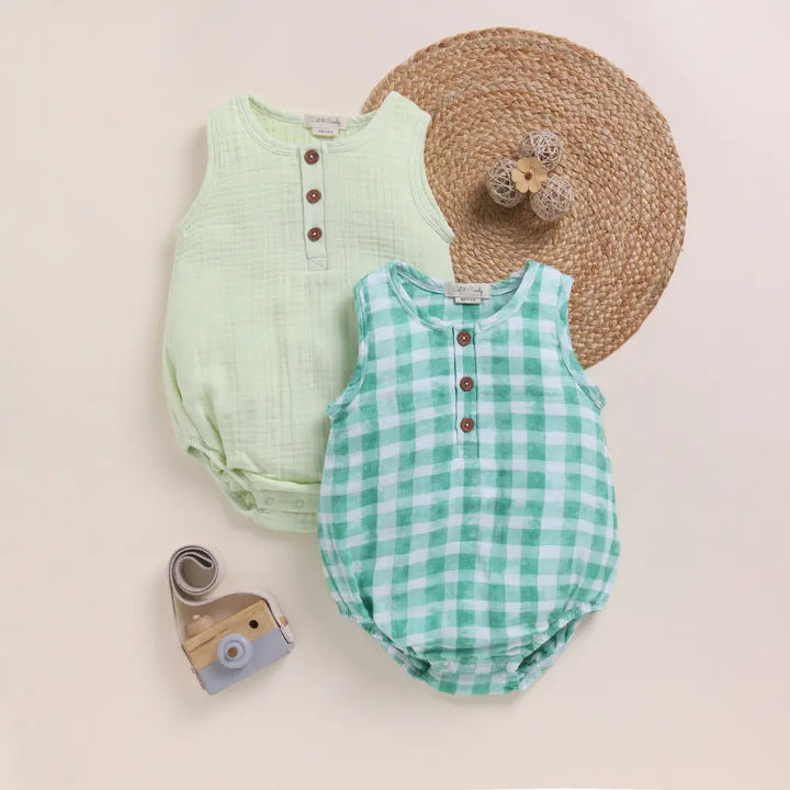 Cot &amp; Candy Baby Organic Muslin Bubble Romper Pack Of 2-Teal Check + Sage Check