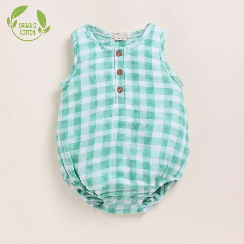 Cot &amp; Candy Baby Organic Muslin Bubble Romper Pack Of 2-Pistachio Cream + Sage Check