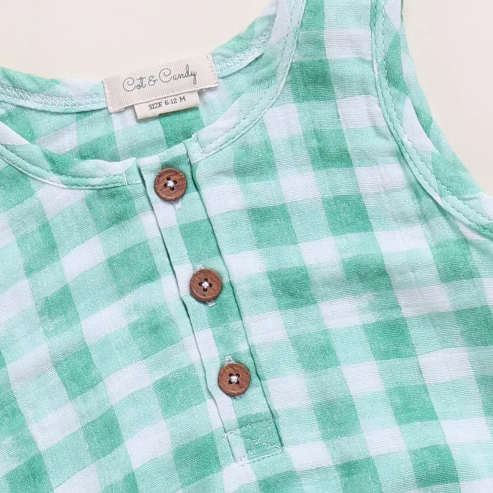 Cot &amp; Candy Baby Organic Muslin Bubble Romper Pack Of 2-Pistachio Cream + Sage Check
