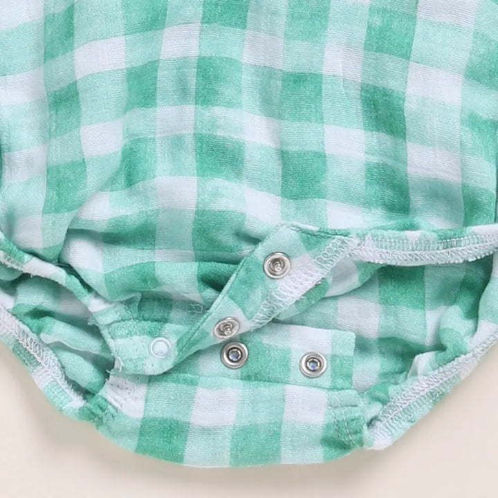 Cot &amp; Candy Baby Organic Muslin Bubble Romper Pack Of 2-Pistachio Cream + Sage Check