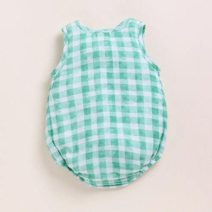 Cot &amp; Candy Baby Organic Muslin Bubble Romper Pack Of 2-Teal Check + Sage Check