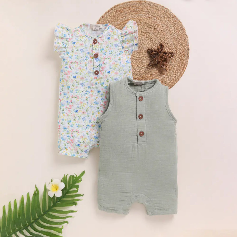 Cot & Candy Baby Organic Muslin Half Romper Pack Of 2-Strawberry + Spring Floral