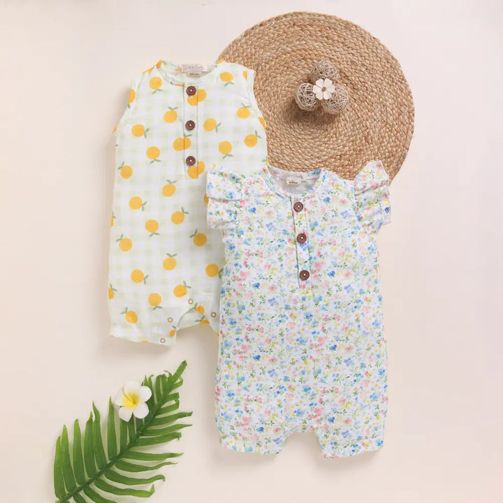 Cot &amp; Candy Baby Organic Muslin Half Romper Pack Of 2-Orange + Spring Floral