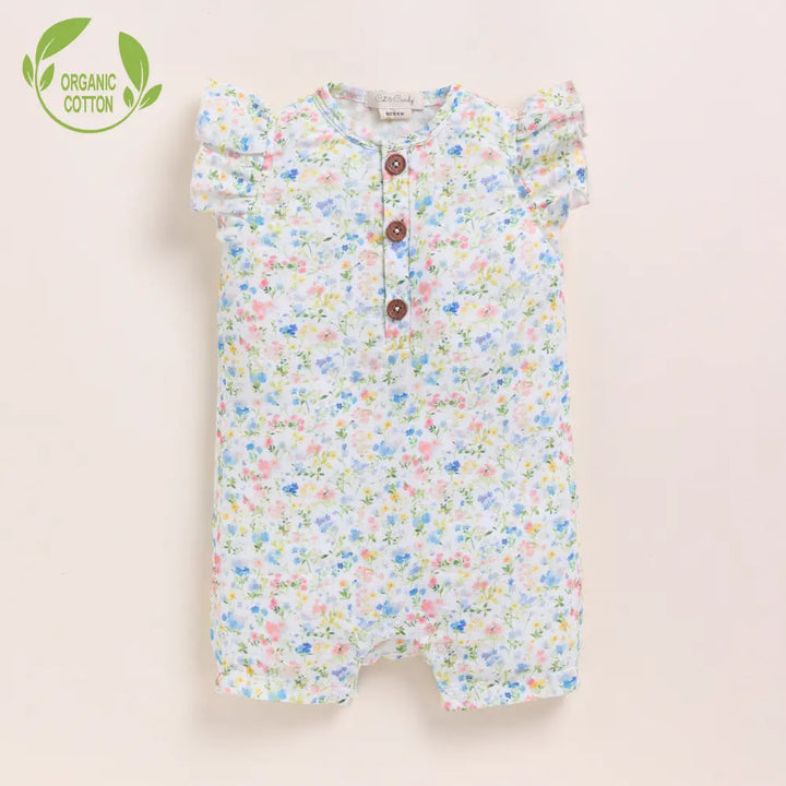 Cot &amp; Candy Baby Organic Muslin Half Romper Pack Of 2-Orange + Spring Floral