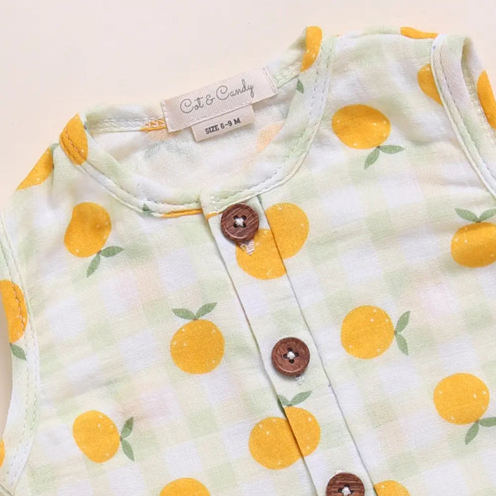 Cot &amp; Candy Baby Organic Muslin Half Romper Pack Of 2-Orange + Spring Floral