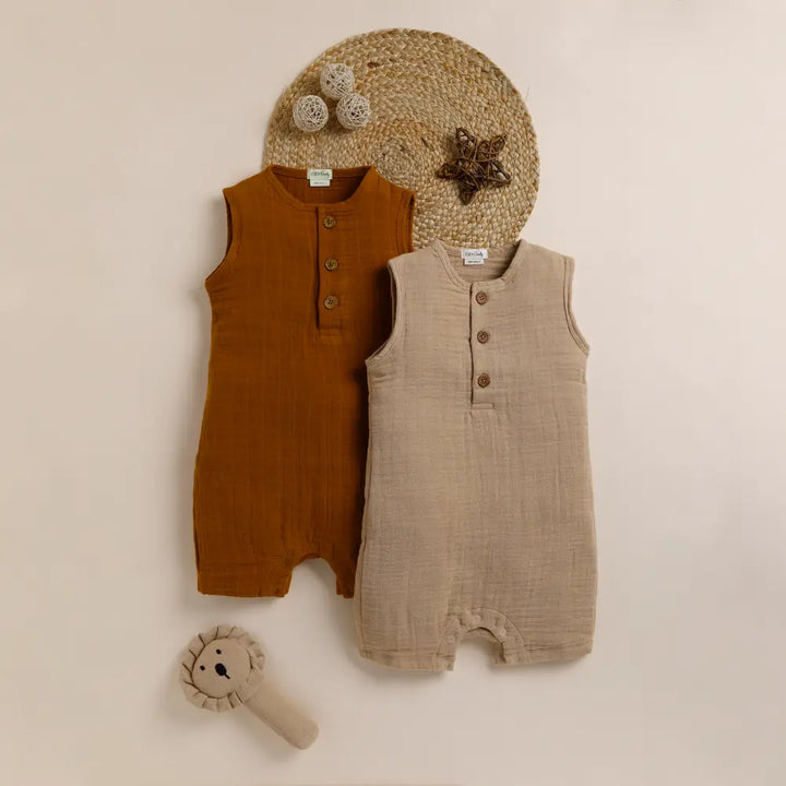 Cot &amp; Candy Baby Organic Muslin Half Romper Pack Of 2-Ginger + Latte
