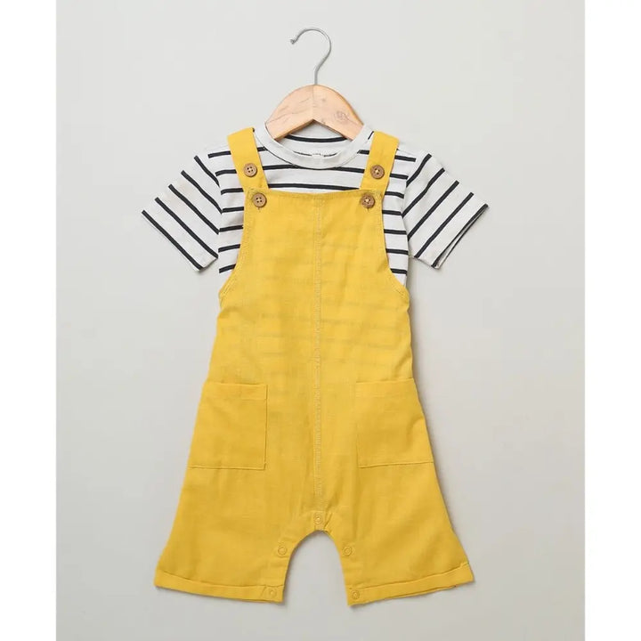Sweetlime By AS Cotton Dungaree and Jersey T-Shirt Stripes Co-ord Set - White &amp; Yellow