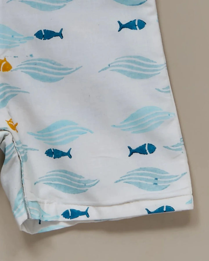 Liz Jacob Boys | Off-white Blockprinted Cotton Romper | Fish named Chips